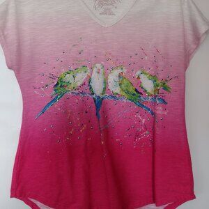 Leoma Lovegrove Women's Small Petite Birds Colorful Wearable Art Top